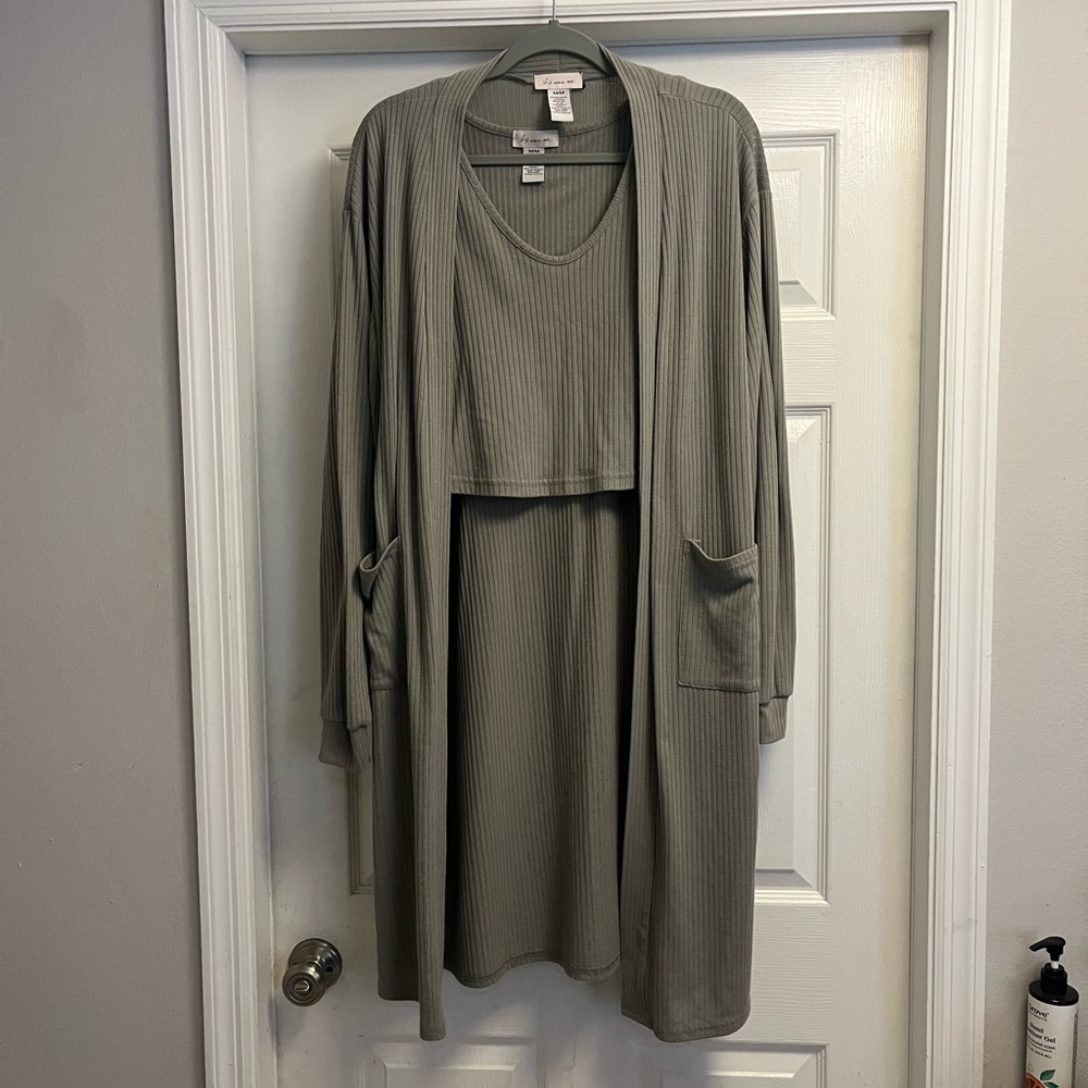 Sage green Ribbed Cardigan, Crop Top and Jogger Set